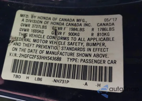 2017 Honda Civic Lx z USA, uszkodzony, nr VIN 2HGFC2F53HH543688